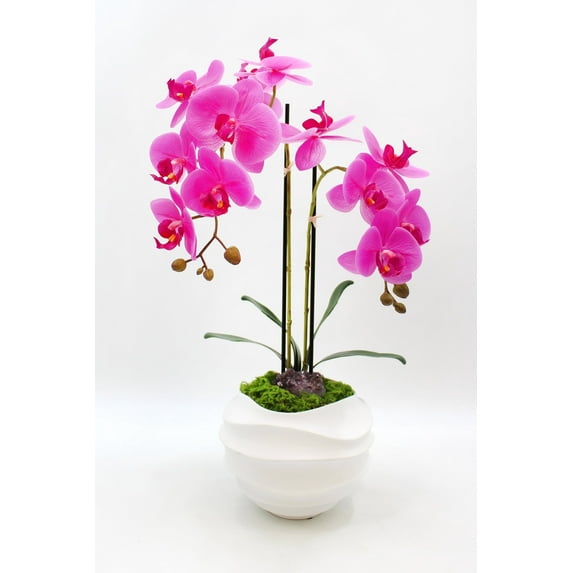 Fake purple orchid flower arrangement| Amethyst Faux Floral Arrangement | 23” tall floral arrangement | Purple orchids in white Vase.