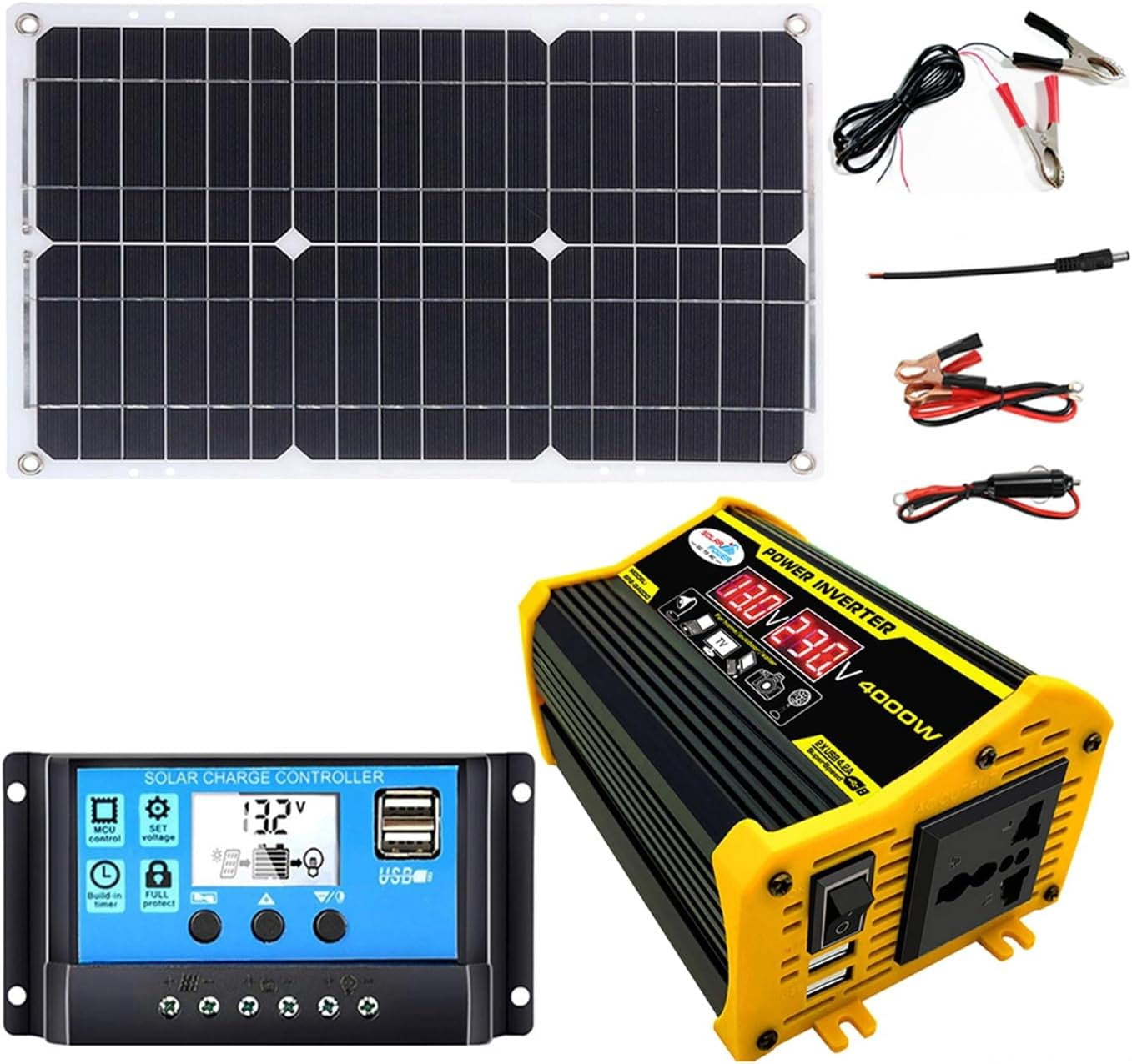 Fakrich 4000W 12V to 220V Solar System Combination Inverter Solar Panel Kit Solar Generator Home Grid System 30A Controller and 18W 12V Solar Panel