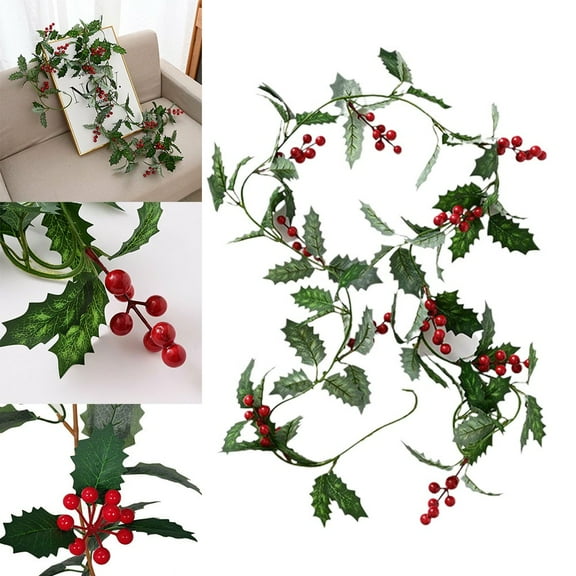 Fakrich 6 FT Artificial Hanging Willow Vines with Red Berry Christmas Garland, Faux Hanging Willow Leaf Ivy Red Berries Greenery Rattan Christmas Wedding Party Indoor Outdoor Decor