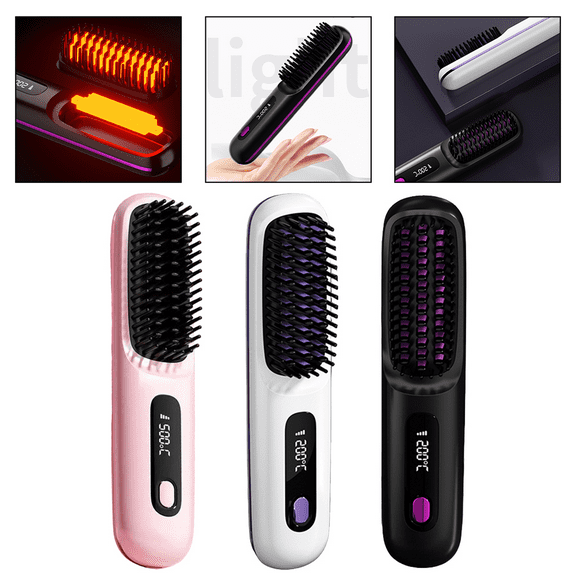 Fakrich Black Cordless Hair Straightener Brush, Mini Portable Straightening Brush, Negative Ion Hot Comb Hair Straightener, Anti-Scald、USB Rechargeable and LED Display for Travel