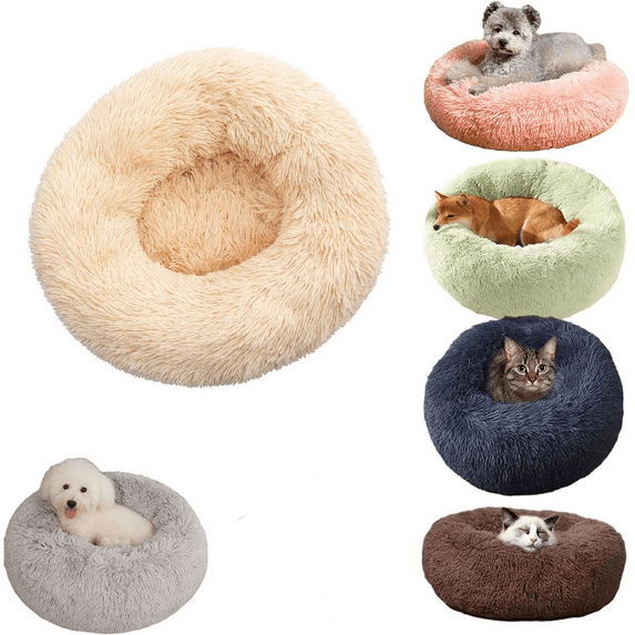 Fakrich Calming Donut Dog & Cat Bed Pillow, Machine Washable Plush Warming Bed, Anti-Slip Round Cuddle Comfort Pet Bed, Pillow Cozy Fluffy Bed for Small Medium Dogs(Light Gray, 15.8 inches)