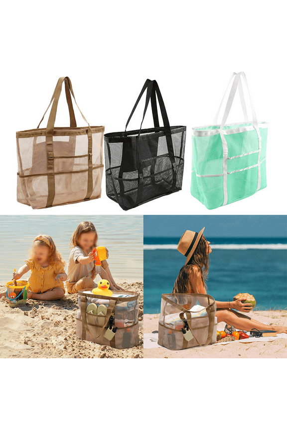 Mesh Beach Tote Bag with Mini Pocket, Beach Bags for Swimming, Easily Packable Pool Bag,Waterproof Foldable Mesh Bags,Black
