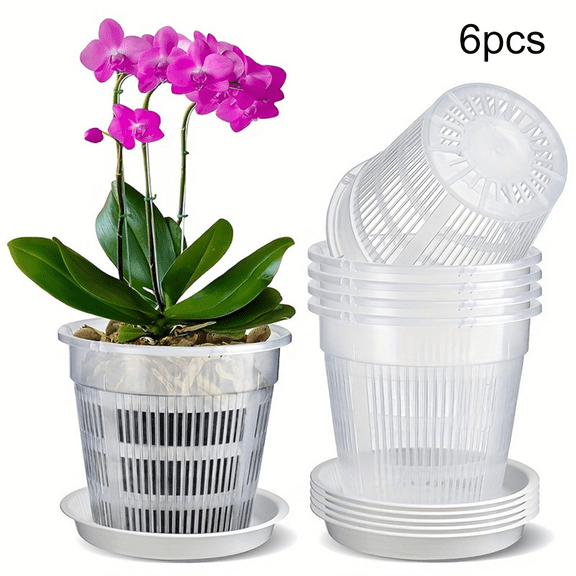 Fakrich Orchid Pot, 6 Pack 4.5 Inch Orchid Pots with Holes & Saucers for Repotting - Clear Plastic Plant Pots for Indoor Outdoor Flower Planters Dendrobium Phalaenopsis