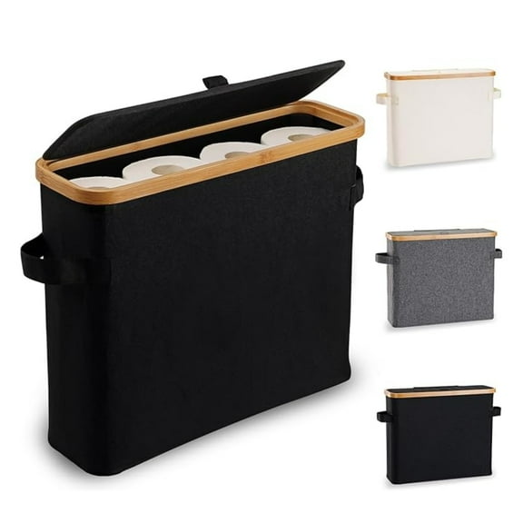 Fakrich Toilet Paper Storage Basket with Lid, Bamboo Toilet Paper Storage Holder Stand Organizer for Bathroom, Toilet Paper Storage Box Container with Handle, Black