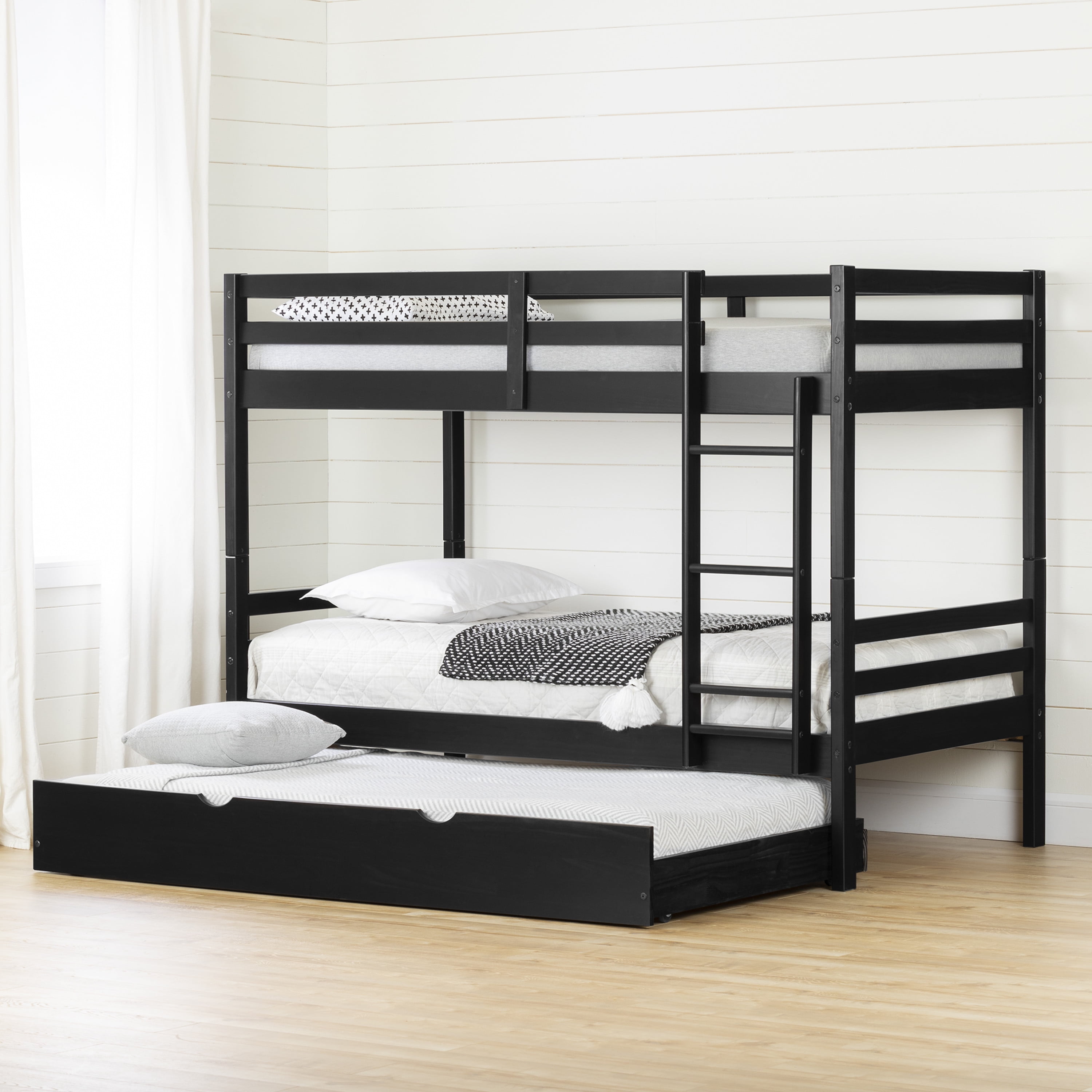 Black Twin Pine Wood Bunk Bed with Trundle and Storage