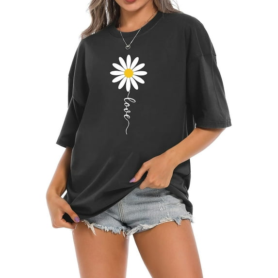 Faktuzi Daisy Shirts for Women Oversized T Shirts Flower Graphic Tees Vintage Floral Print Crewneck Cotton Short Sleeve Tops