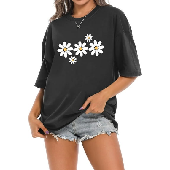Faktuzi Daisy Shirts for Women Oversized T Shirts Flower Graphic Tees Vintage Floral Print Crewneck Cotton Short Sleeve Tops