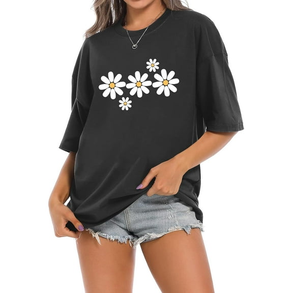 Faktuzi Daisy Shirts for Women Oversized T Shirts Flower Graphic Tees Vintage Floral Print Crewneck Cotton Short Sleeve Tops