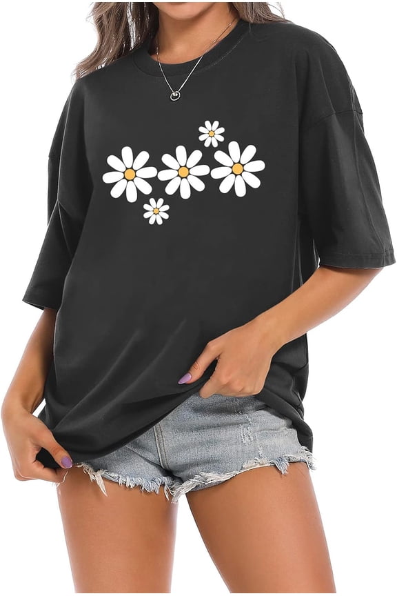 Faktuzi Daisy Shirts for Women Oversized T Shirts Flower Graphic Tees Vintage Floral Print Crewneck Cotton Short Sleeve Tops