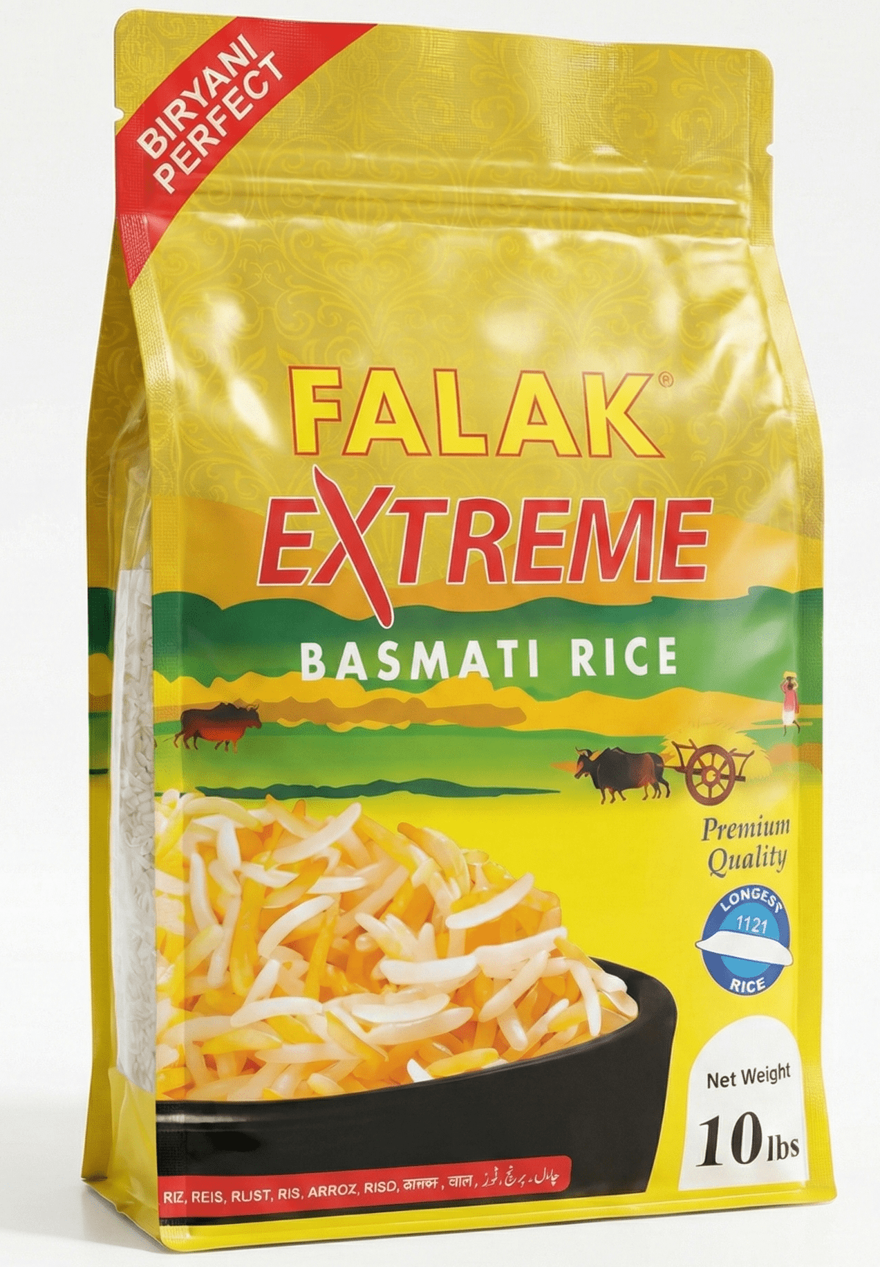 Falak Extreme Basmati Rice 10lb - Extra Long Basmati Rice - Resealable Bag - Naturally Aromatic, Aged, Flavorful, Slender, Non Sticky Grains