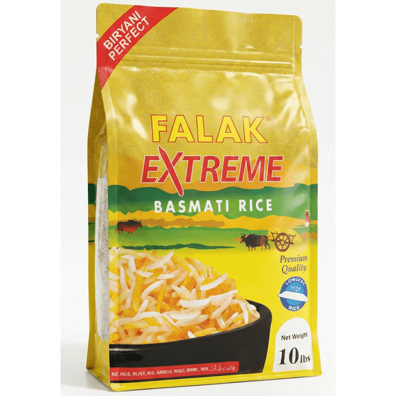 Falak Extreme Basmati Rice 10lb - Extra Long Basmati Rice - Resealable Bag - Naturally Aromatic, Aged, Flavorful, Slender, Non Sticky Grains