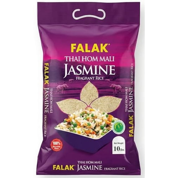 Falak Jasmine Rice 10 lbs - Thai Hom Mali Jasmine Rice - Authentic, Non-Sticky, Aromatic White Rice Grains - Gluten Free