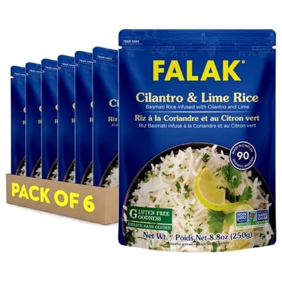 Falak Seasoned Instant Rice, Long-Grain Rice, Stovetop or Microwave, Ready to Eat in 90 Seconds, 250g per Pack (8.8 Oz (Pack of 6), Cilantro & Lime Rice)