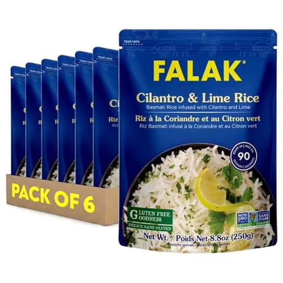 Falak Seasoned Instant Rice, Long-Grain Rice, Stovetop or Microwave, Ready to Eat in 90 Seconds, 250g per Pack (8.8 Oz (Pack of 6), Cilantro & Lime Rice)