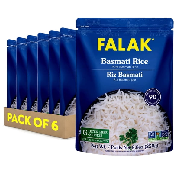Falak Seasoned Rice, Long-Grain Rice, Stovetop or Microwave, Ready in 90 Seconds, 250g per Pack (8.8 Oz (Pack of 6), Basmati Rice)