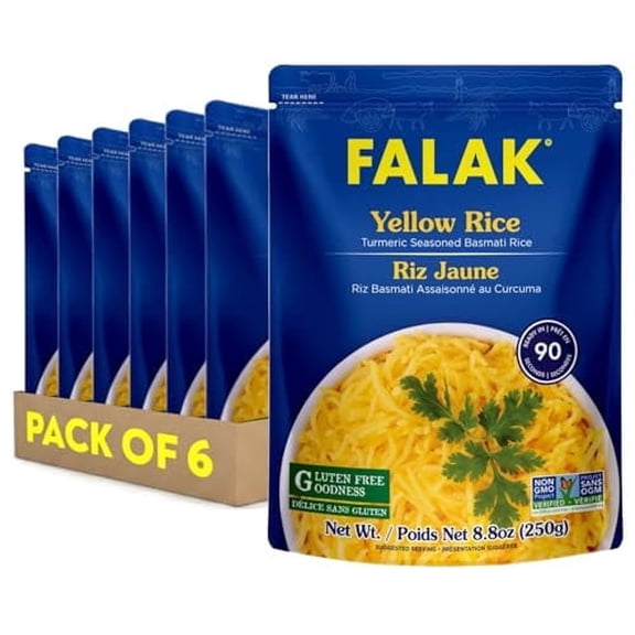 Falak Seasoned Rice, Long-Grain Rice, Stovetop or Microwave, Ready in 90 Seconds, 250g per Pack (8.8 Oz (Pack of 6), Yellow Rice)