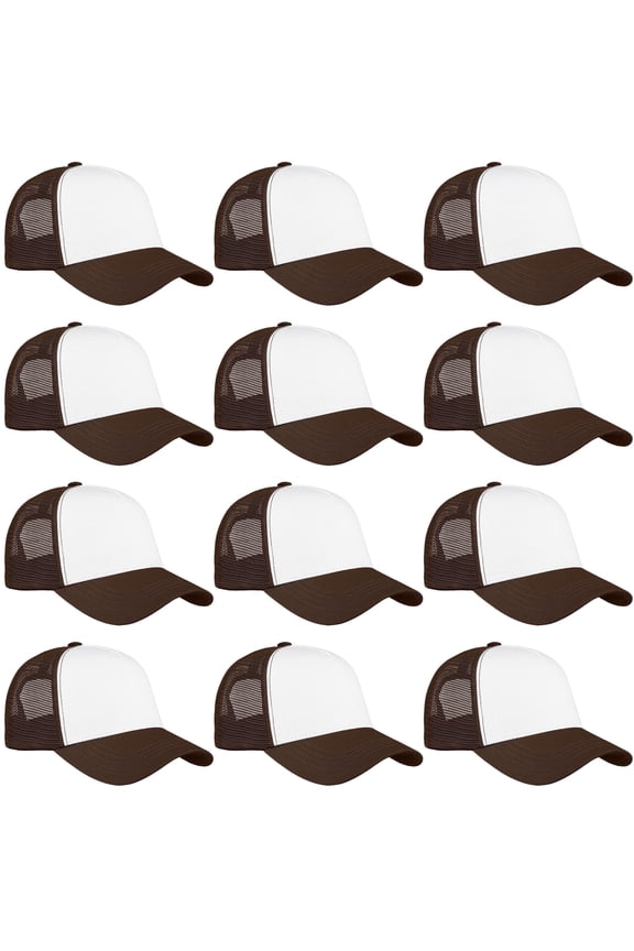 12 Pack Bulk Wholesale Mesh Trucker Hats 5 Panel Baseball Caps for Men and Women - Brown