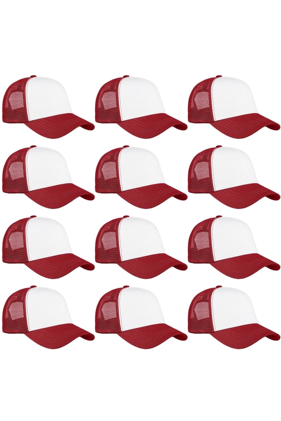 12 Pack Bulk Wholesale Mesh Trucker Hats 5 Panel Baseball Caps for Men and Women - Burgundy
