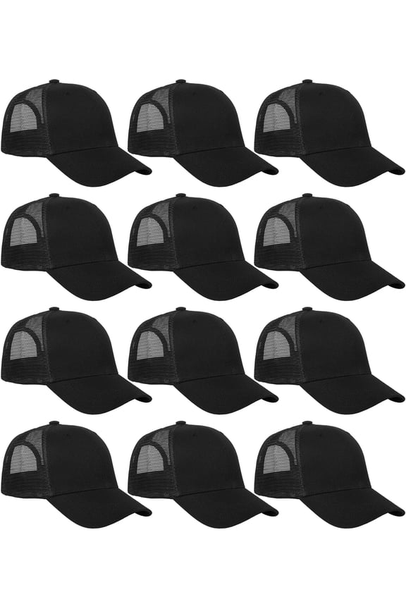 12 Pack Bulk Wholesale Mesh Trucker Hats 6 Panel Baseball Caps for Men and Women - Black