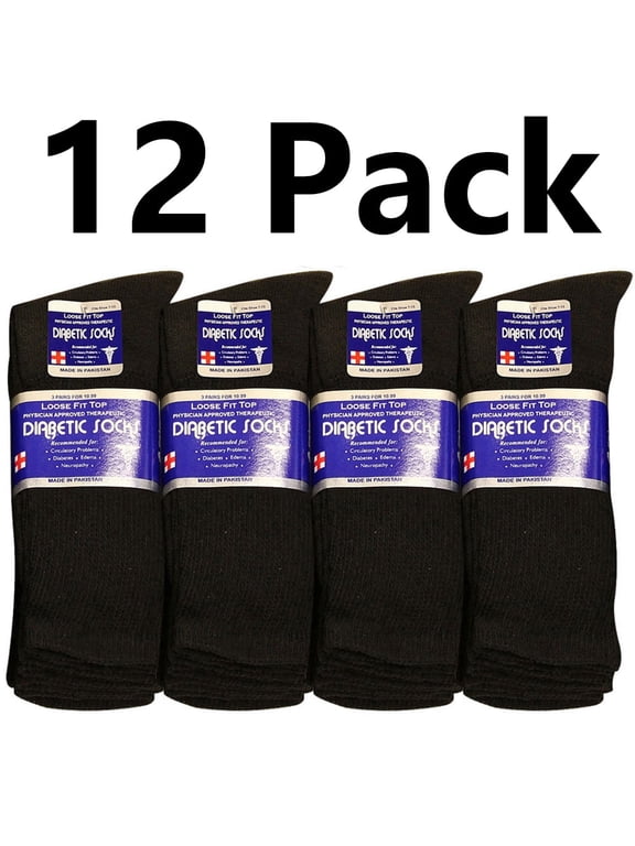 Diabetic Crew Socks, 12 Pairs, Physician Approved for Men and Women, Blood Circulation Support, Edema Relief 10-13 Black