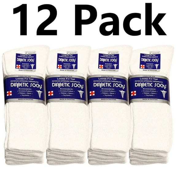 Falari Diabetic Crew Socks, 12 Pairs, Physician Approved for Men and Women, Blood Circulation Support, Edema Relief 10-13 White