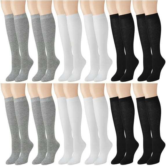Falari 12 Pairs Women Knee High Socks Over the Calf Trouser Socks - Black Gray White