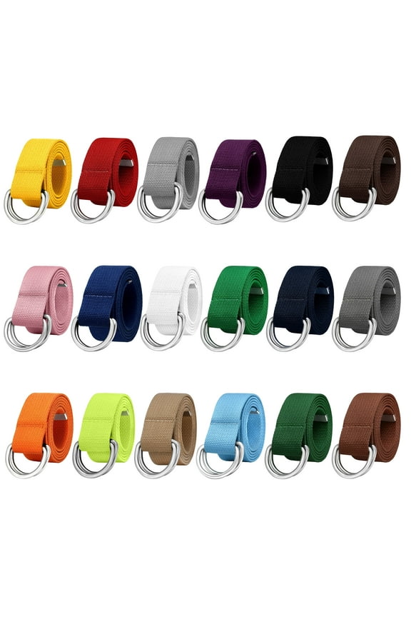18 Pcs Mixed Metal Double D Ring Buckle Canvas Web Belt for Men Women Casual Cloth Military Style Belt 1 1/2" Wide X-Large
