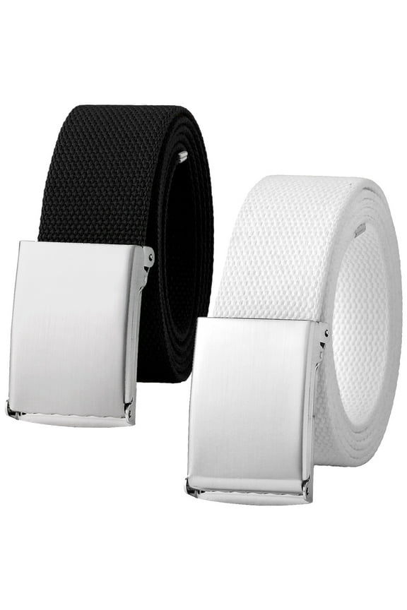 2-Pack Canvas Web Belt Fully Adjustable Cut to Fit Golf Belt Flip Top Silver Buckle - Black & White
