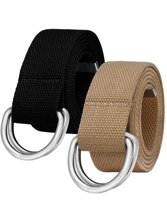 2-Pack Canvas Web Belt Metal Double D Ring Buckle for Men Women Casual Cloth Military Style Belt 1 1/2" Wide Black & Beige Medium