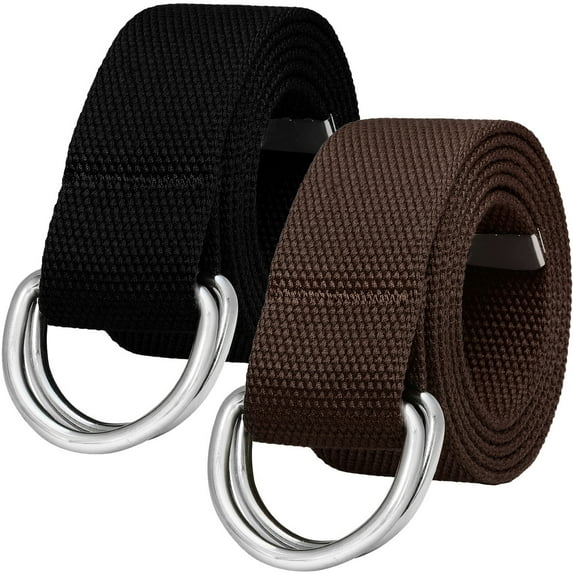 Falari 2-Pack Canvas Web Belt Metal Double D Ring Buckle for Men Women Casual Cloth Military Style Belt 1 1/2" Wide Black & Dark Brown XL