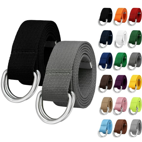 Falari 2-Pack Canvas Web Belt Metal Double D Ring Buckle for Men Women Casual Cloth Military Style Belt 1 1/2" Wide Black & Dark Grey Medium