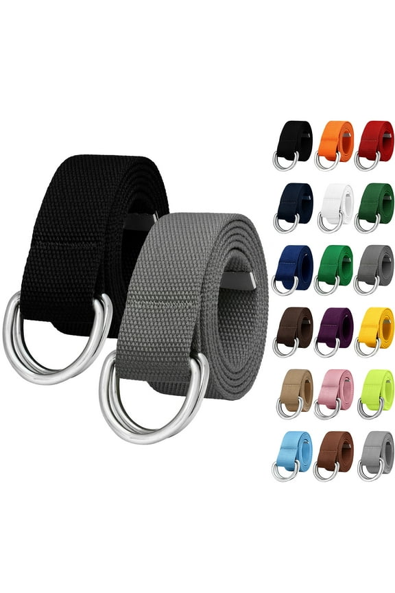 2-Pack Canvas Web Belt Metal Double D Ring Buckle for Men Women Casual Cloth Military Style Belt 1 1/2" Wide Black & Dark Grey XL
