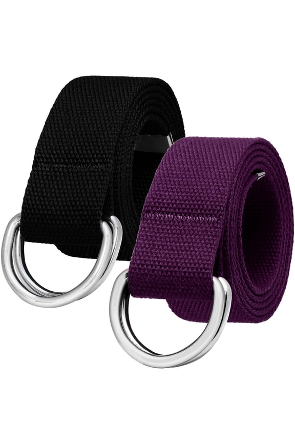2-Pack Canvas Web Belt Metal Double D Ring Buckle for Men Women Casual Cloth Military Style Belt 1 1/2" Wide Black & Dark Purple Medium