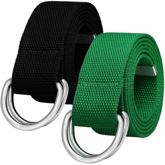 Falari 2-Pack Canvas Web Belt Metal Double D Ring Buckle for Men Women Casual Cloth Military Style Belt 1 1/2" Wide Black & Kelly Green XL