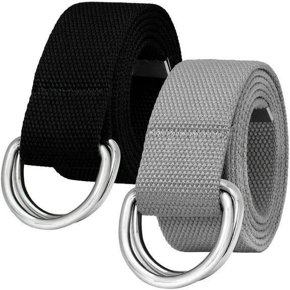 Falari 2-Pack Canvas Web Belt Metal Double D Ring Buckle for Men Women Casual Cloth Military Style Belt 1 1/2" Wide Black & Light Grey Large