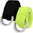 thumbnail image 1 of Falari 2-Pack Canvas Web Belt Metal Double D Ring Buckle for Men Women Casual Cloth Military Style Belt 1 1/2" Wide Black & Neon Green Large, 1 of 7
