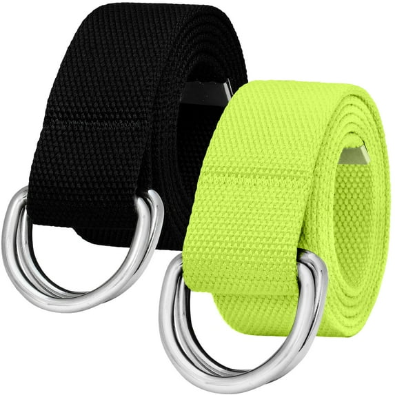 Falari 2-Pack Canvas Web Belt Metal Double D Ring Buckle for Men Women Casual Cloth Military Style Belt 1 1/2" Wide Black & Neon Green Medium