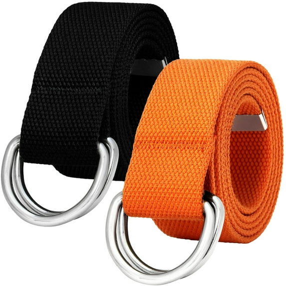 Falari 2-Pack Canvas Web Belt Metal Double D Ring Buckle for Men Women Casual Cloth Military Style Belt 1 1/2" Wide Black & Orange Large
