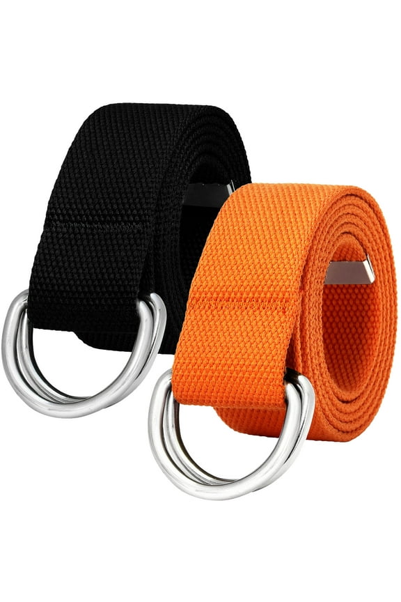 2-Pack Canvas Web Belt Metal Double D Ring Buckle for Men Women Casual Cloth Military Style Belt 1 1/2" Wide Black & Orange Small