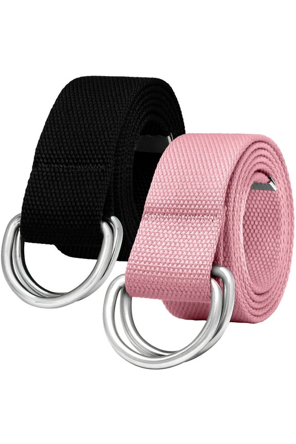 2-Pack Canvas Web Belt Metal Double D Ring Buckle for Men Women Casual Cloth Military Style Belt 1 1/2" Wide Black & Pink XL