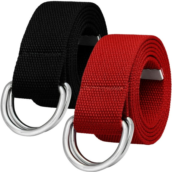 Falari 2-Pack Canvas Web Belt Metal Double D Ring Buckle for Men Women Casual Cloth Military Style Belt 1 1/2" Wide Black & Red Small