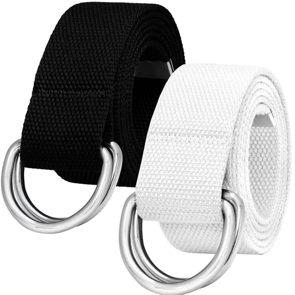 Falari 2-Pack Canvas Web Belt Metal Double D Ring Buckle for Men Women Casual Cloth Military Style Belt 1 1/2" Wide Black & White Medium