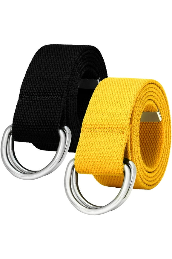 2-Pack Canvas Web Belt Metal Double D Ring Buckle for Men Women Casual Cloth Military Style Belt 1 1/2" Wide Black & Yellow Medium