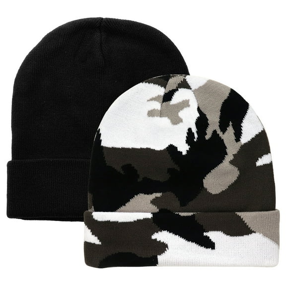 Falari 2 Pcs Men Women Skull Knitted Beanie Hat Plain Solid Color for Winter Black & Grey Camouflage