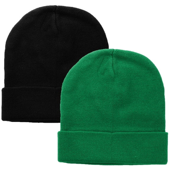 Falari 2 Pcs Men Women Skull Knitted Beanie Hat Plain Solid Color for Winter Black & Kelly Green