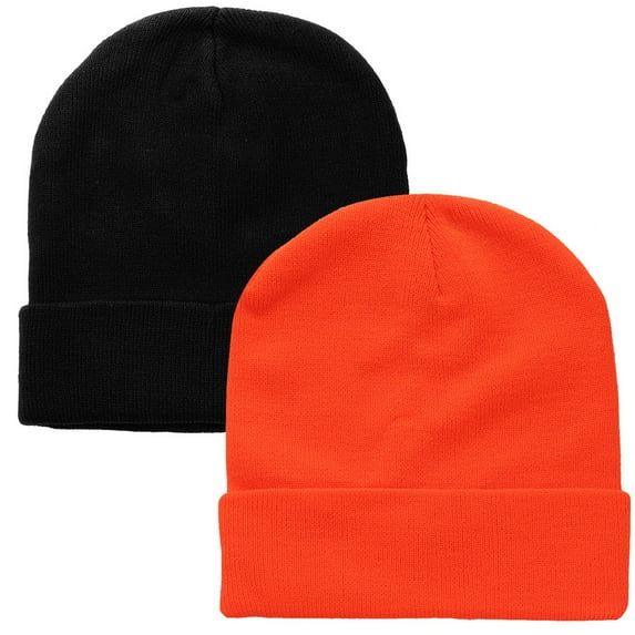 Falari 2 Pcs Men Women Skull Knitted Beanie Hat Plain Solid Color for Winter Black & Orange