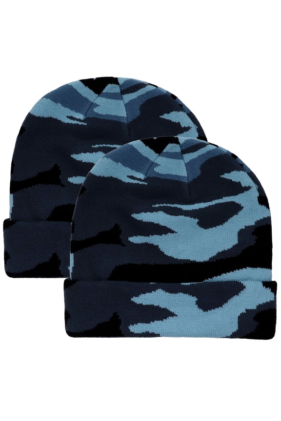 2 Pcs Men Women Skull Knitted Beanie Hat Plain Solid Color for Winter Blue Camouflage & Blue Camouflage