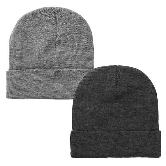 Falari 2 Pcs Men Women Skull Knitted Beanie Hat Plain Solid Color for Winter Light Grey & Dark Grey