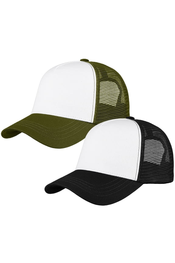 5-Panel Mesh Baseball Cap, Trucker Hat, Structured Plain Design, Cotton, Adjustable Size - Black & Army Green