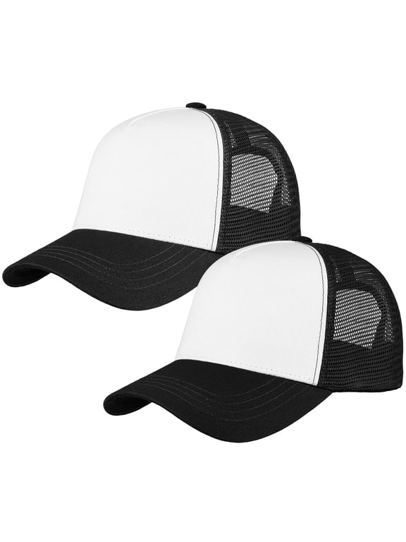 5-Panel Mesh Baseball Cap, Trucker Hat, Structured Plain Design, Cotton, Adjustable Size - Black & Black